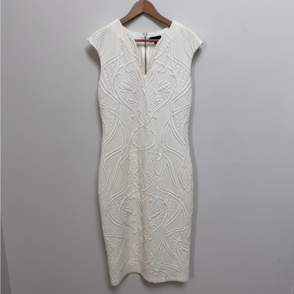Ted Baker White Cream Jacquard Textured Midi Dress Size 4 (US 10) V-Neck